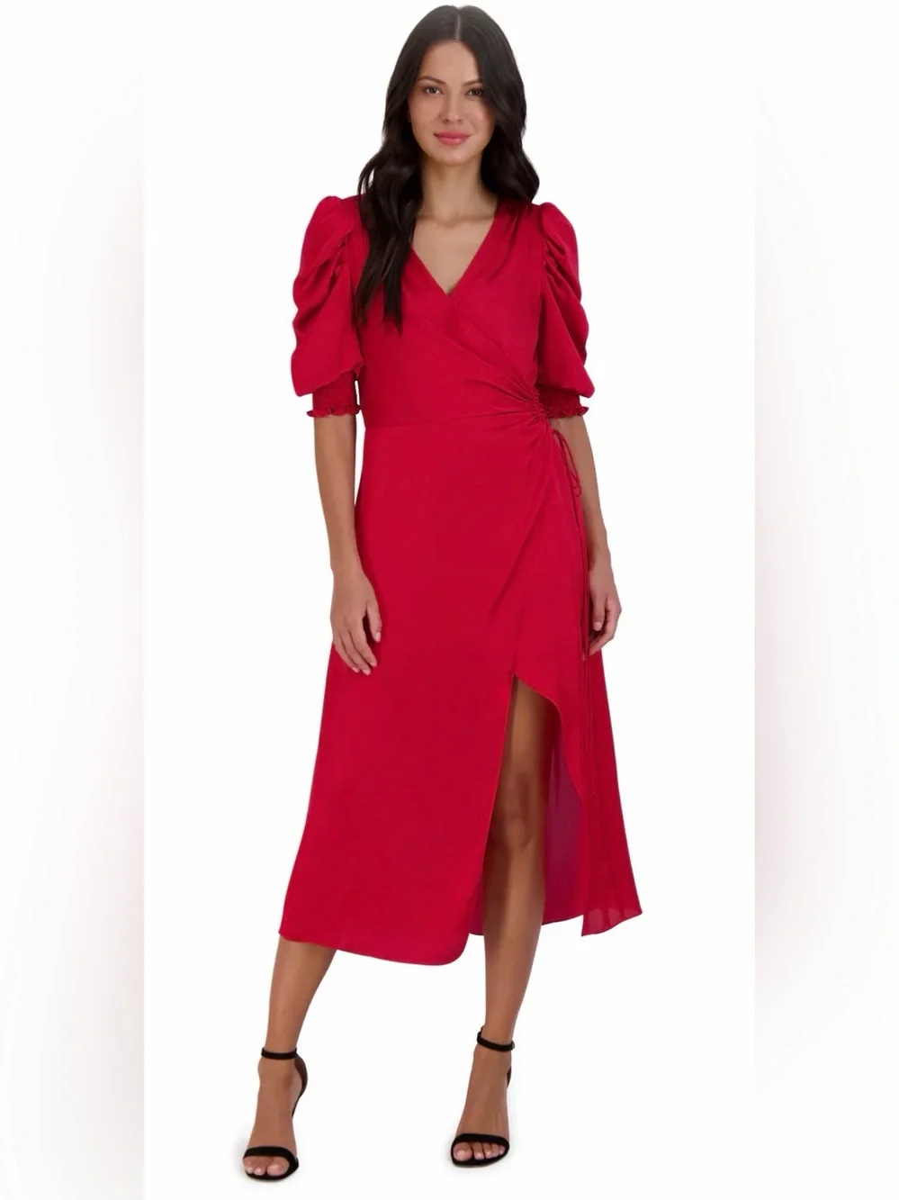 julia jordan Red Wrap Midi Dress with Puff Sleeves